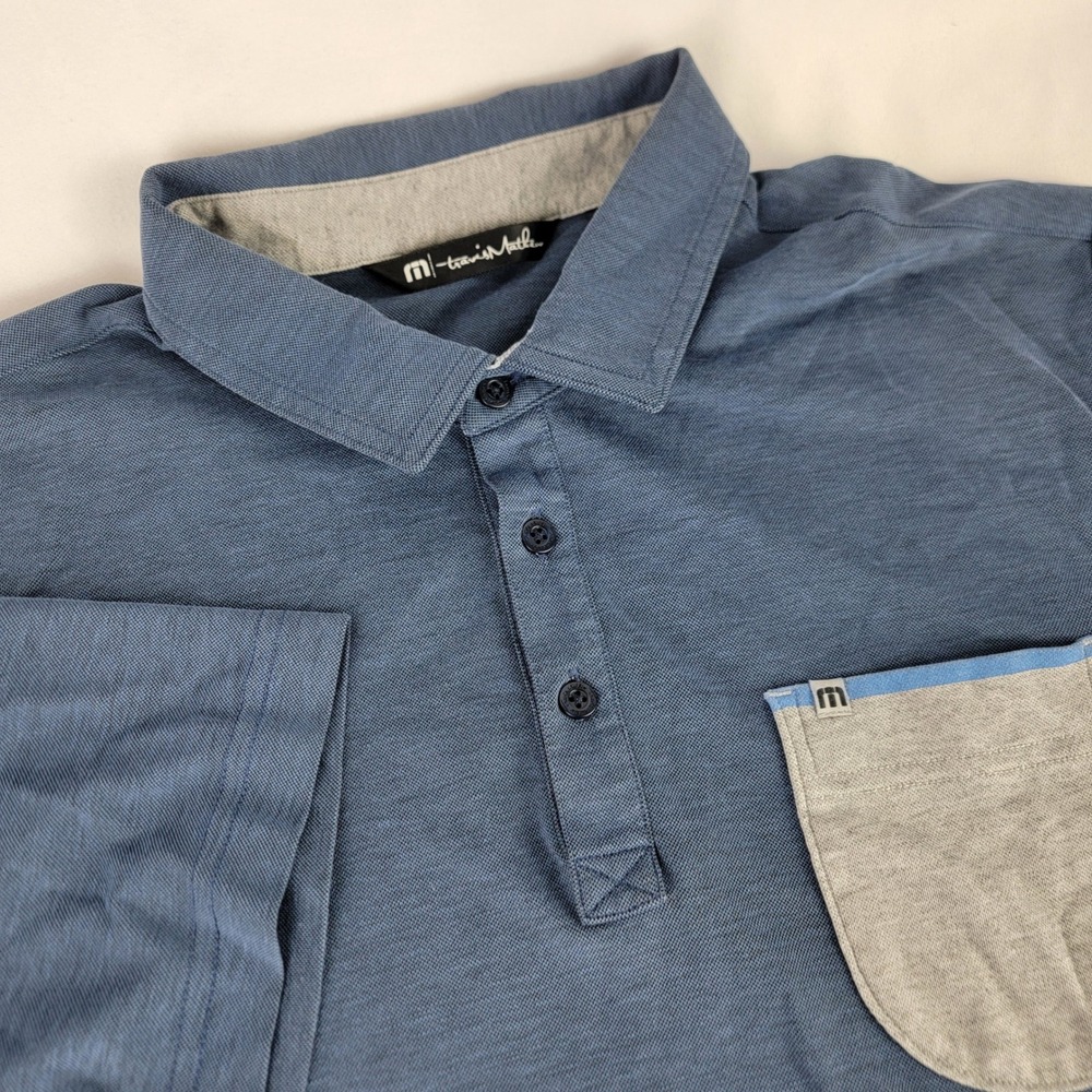 Travis Mathew Mens Blue Pima Cotton Polyester Polo Shirt Pocket Size Large